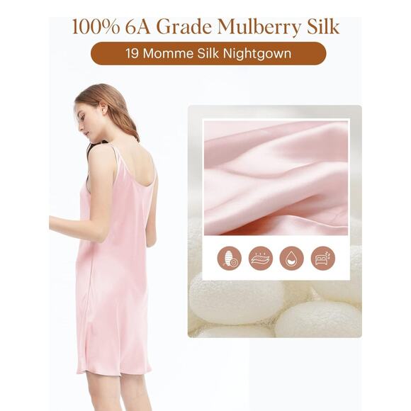 100% Mulberry Silk Nightgown Slip Dress Pink Women's Sleepwear Size L (12) - Picture 2 of 4